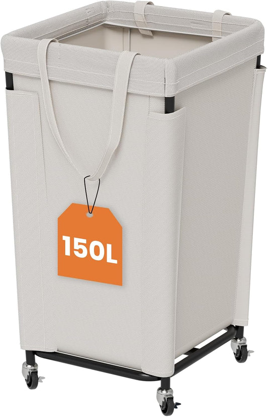 Laundry Basket with Wheels, Laundry Hamper with Removable Bag and Steel Frame, 160L Rolling Dirty Clothes Basket for Bedroom, Bathroom, Laundry Room (Beige)