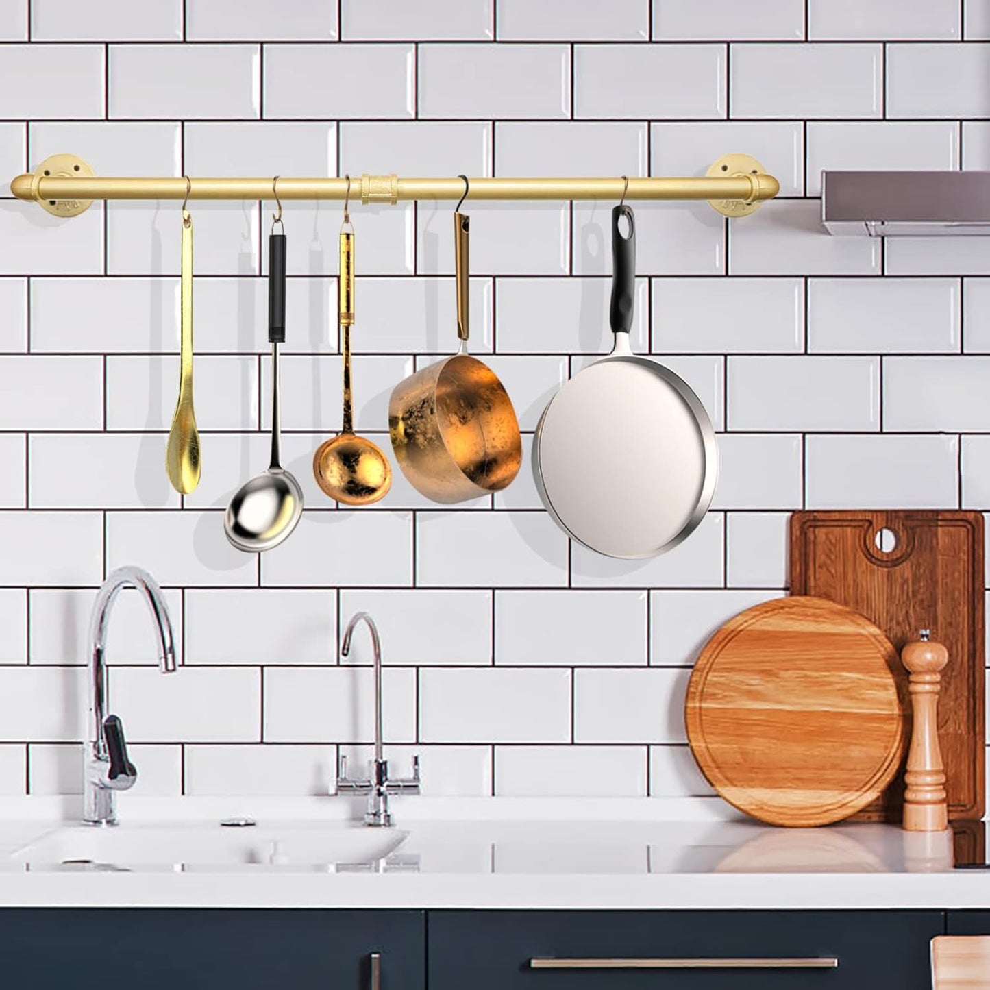 48” Gold Wall Mounted Clothes Rack, Industrial Pipe Iron Garment Bar, Heavy-Duty Detachable Clothing Rod, Multi-Purpose Metal Wall display Hanging Pole for Closet Storage, Laundry Room 2 Base