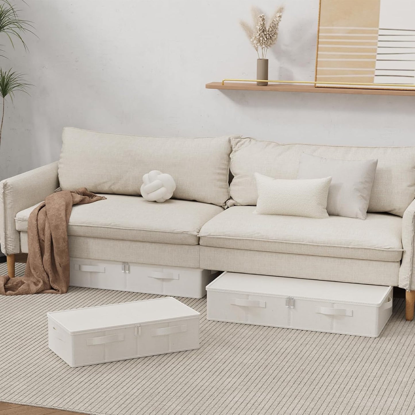 Underbed Storage Bins Drawer, Foldable Under Bed Boxes, Fabric Closet Container with Lid for Organizing Clothes, Sheets, Blankets, Comforter, 31.4x15.7x5.9in, Beige, 3 Pack