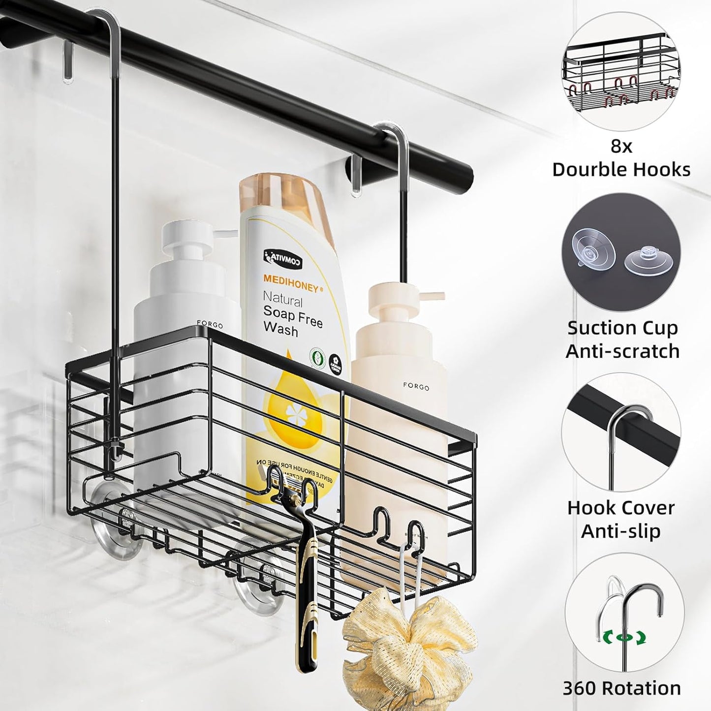 SHANSHUI Shower Hanging Caddy, Bathroom Shower Organizer Basket, Shampoo Bracket Over Door Rack with Hooks, 304 Stainless Steel