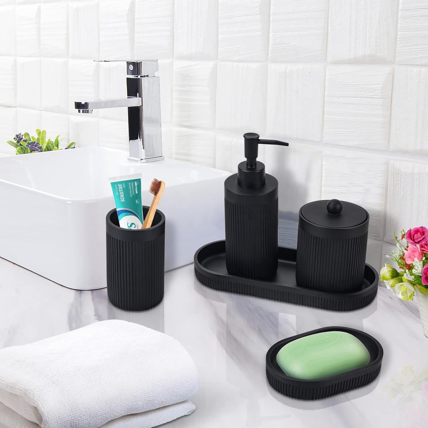 Bathroom Accessory Set 5Pcs-Lotion Soap Dispenser,Toothbrush Holder,Qtip Holder Dispenser,Vanity Tray and Soap Dish-Modern Bathroom Decor Vanity Countertop Organizer,Matte Black