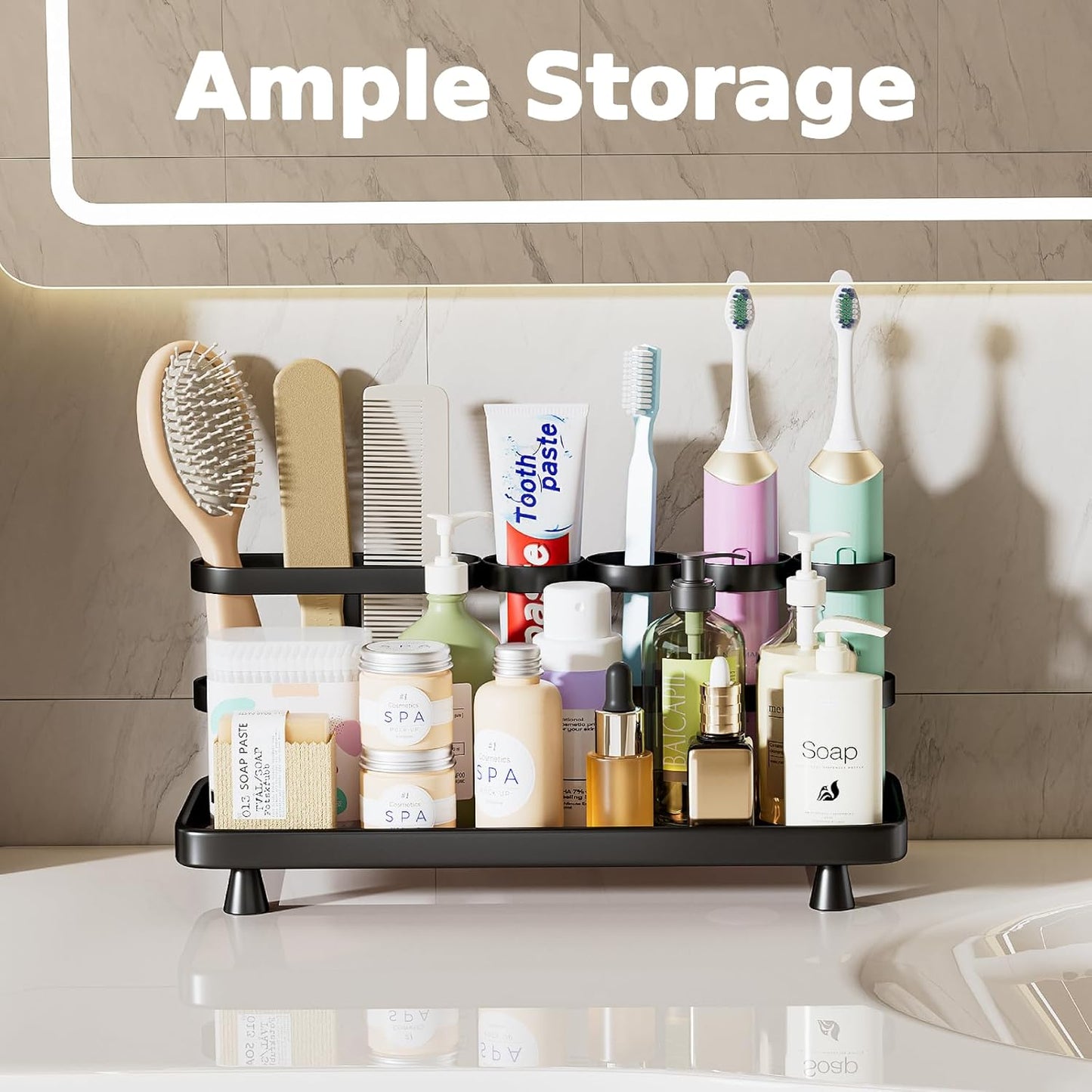 Electric Toothbrush Holder for Bathroom Countertop 5 Metal Slots Toothpaste Razor Mouthwash Organizer, Black