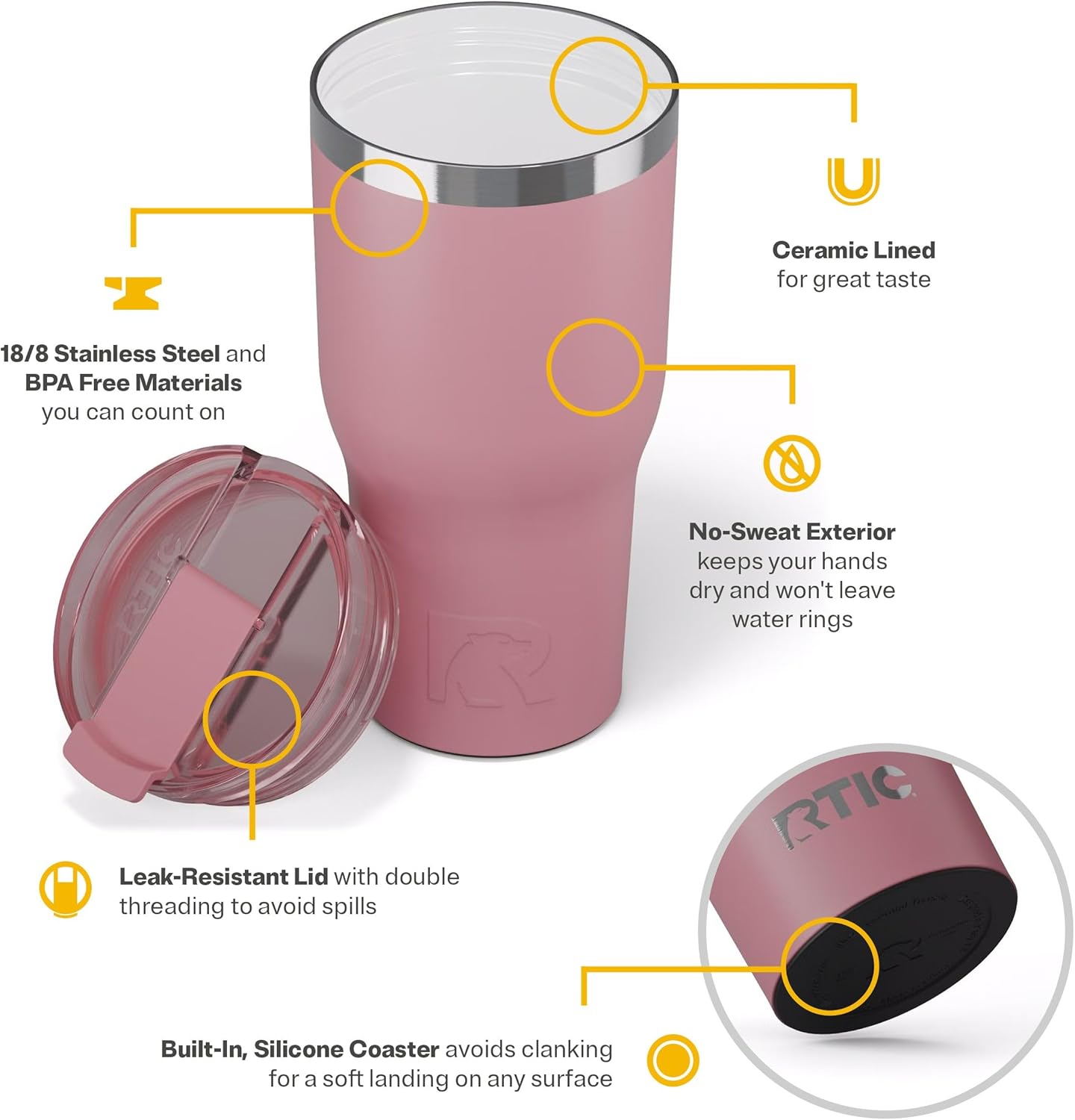 RTIC 30oz Essential Tumbler with Lid, Ceramic Lined, Insulated, Stainless Steel, Metal, Double Wall Vacuum-Insulation, Travel Cup for Iced Coffee, Tea, Hot and Cold Drink, Dusty Rose