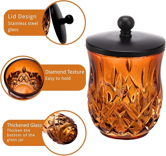 Qtip Holder,10 Oz Amber Glass Apothecary Jars with Matte Black Lids for Bathroom Organization & Desk Storage,Thick Glass Apothecary Jars for Q-Tips,Cotton Rounds, Jewelry,Candy,Round