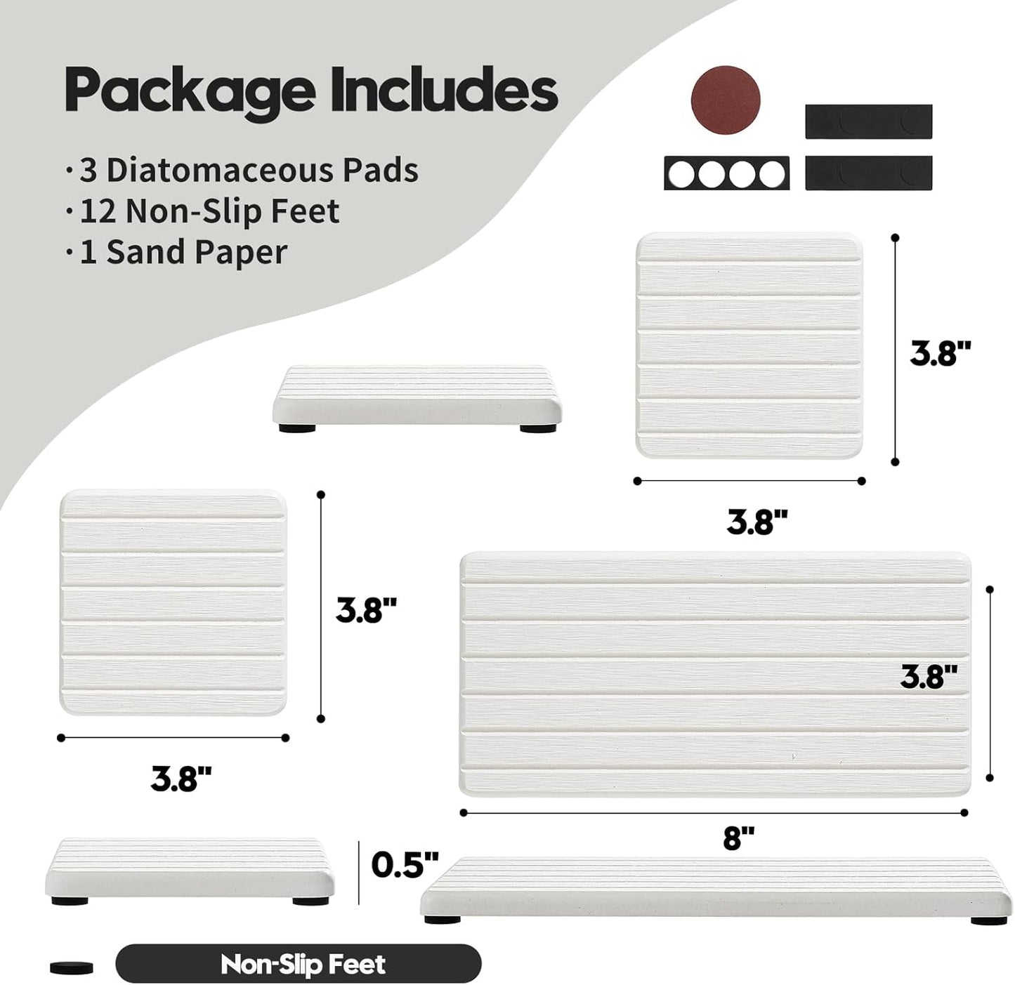 3 Pack Diatomite Stone Sink Tray, Water Absorbing Mat for Kitchen & Bathroom Counter, Quick Dry Soap Dish Makeup Vanity Caddy,Sponge Holder Organizer, White - 2pcs of 8"x 3.8" and 1pc of 3.8"x 3.8"