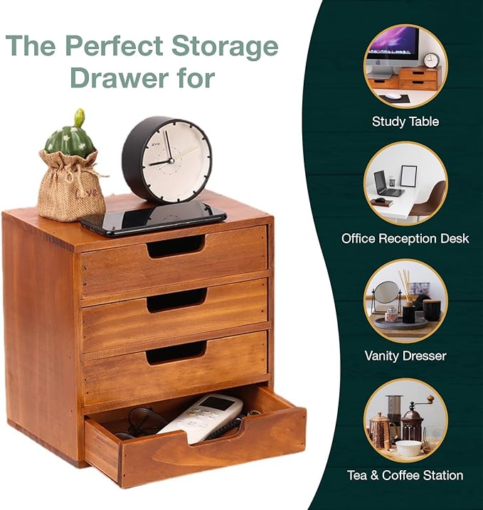 4 Drawer Desktop Storage Organizer in Modern Wood Design (9.8”x6.9”x 9.8”) 4-Drawer Stackable Drawer Unit - Vanity Accessories Organizer (1-Pack)