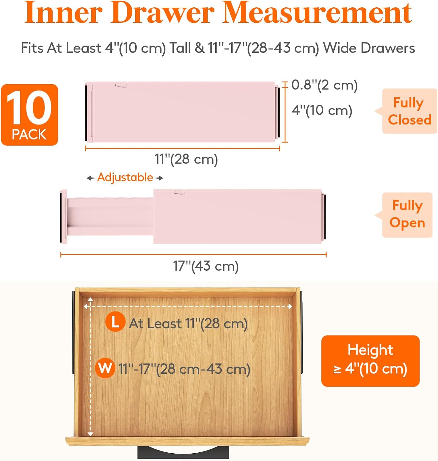 Lifewit 10 Pack Drawer Dividers Plastic 4" High, 11-17" Adjustable Drawer Organizers for Clothes, Expandable Dresser Separators in Bedroom/Bathroom/Kitchen/Office Organization and Storage, Pink