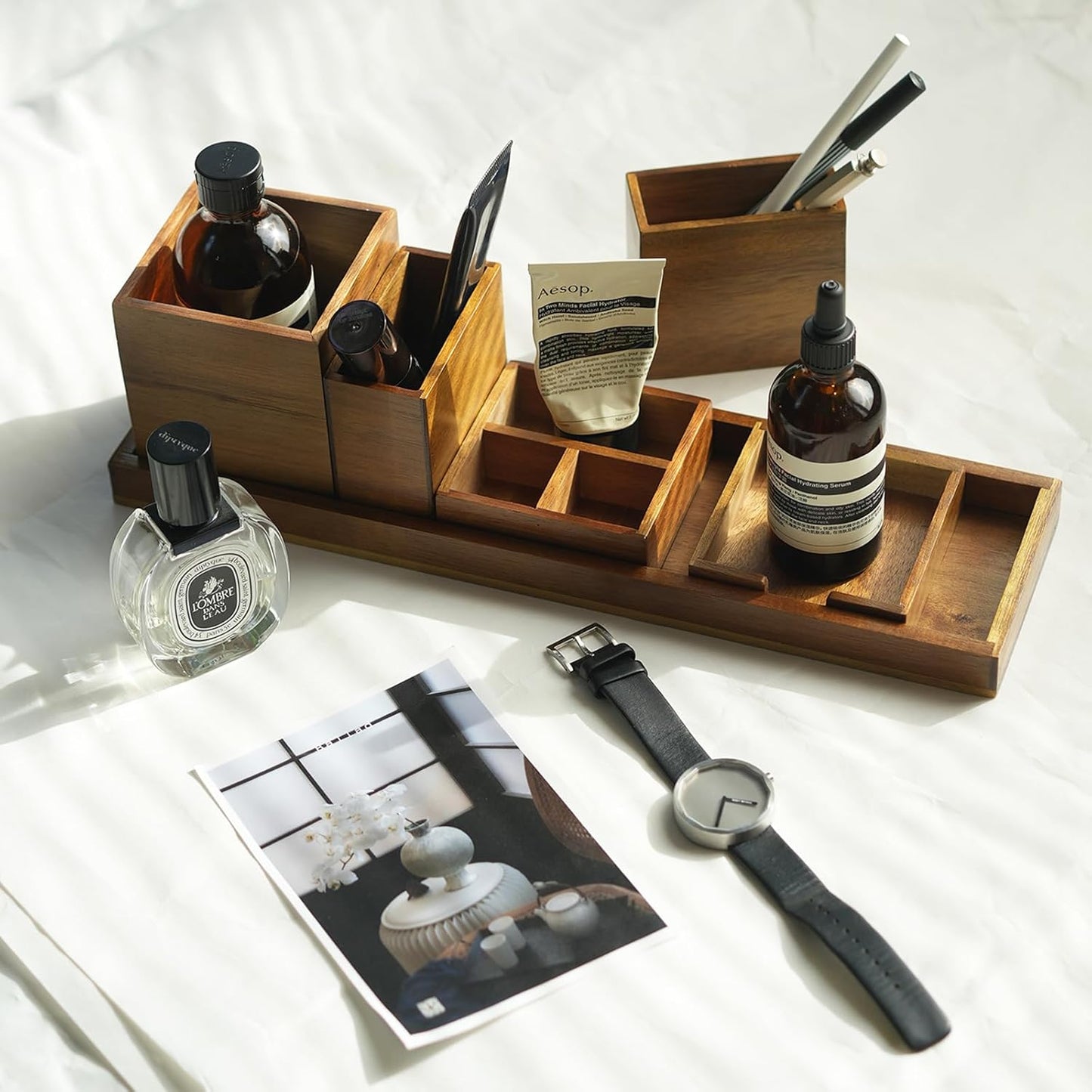 Wood Vanity Tray, 6-Piece Small Bathroom Counter Organizer Wooden Decorative Trays Rectangular Perfume Jewelry Makeup Cosmetic Holder Set - Holds Small Items