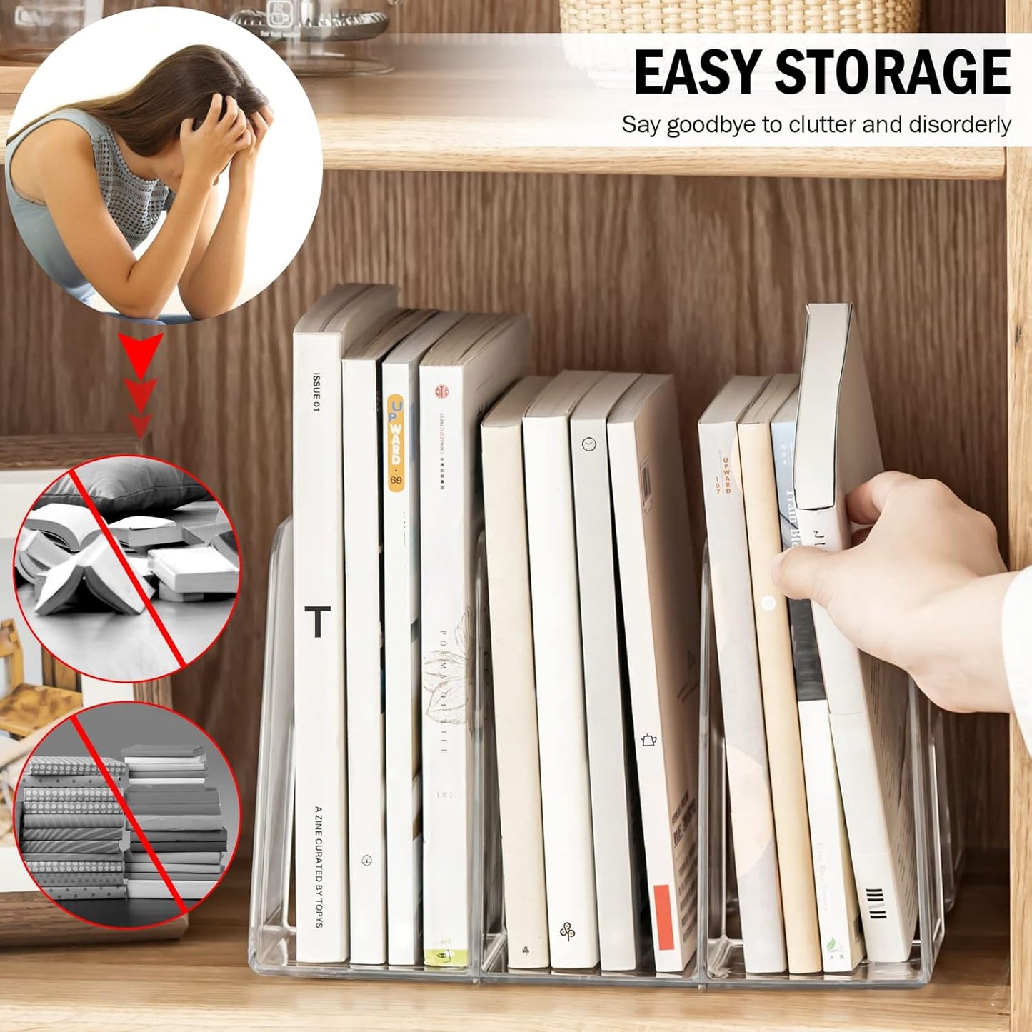 Clear Desktop Book Organizer, Creative Book Stand, Divider Bookshelf for Home School and Office, Non-Acrylic Stand Bookshelves (3 Sections), Transparent, Pack of 2