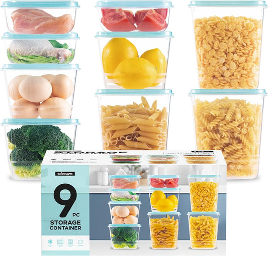 9-Piece Plastic Food Storage Container Set, Airtight Reusable BPA-Free Organization Canisters - Leakproof, Microwave, Dishwasher & Freezer Safe, Clear Square Box with Mint Green Lids