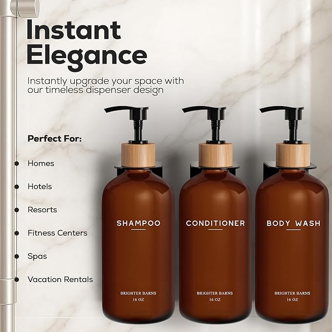 Amber Shampoo and Conditioner Dispenser Set Wall Mounted by Brighter Barns - Refillable Shampoo Dispenser for Shower Wall 3 Chamber No Drill - Plastic Shower Bottles for Guest Bathroom, Hotel (Amber)