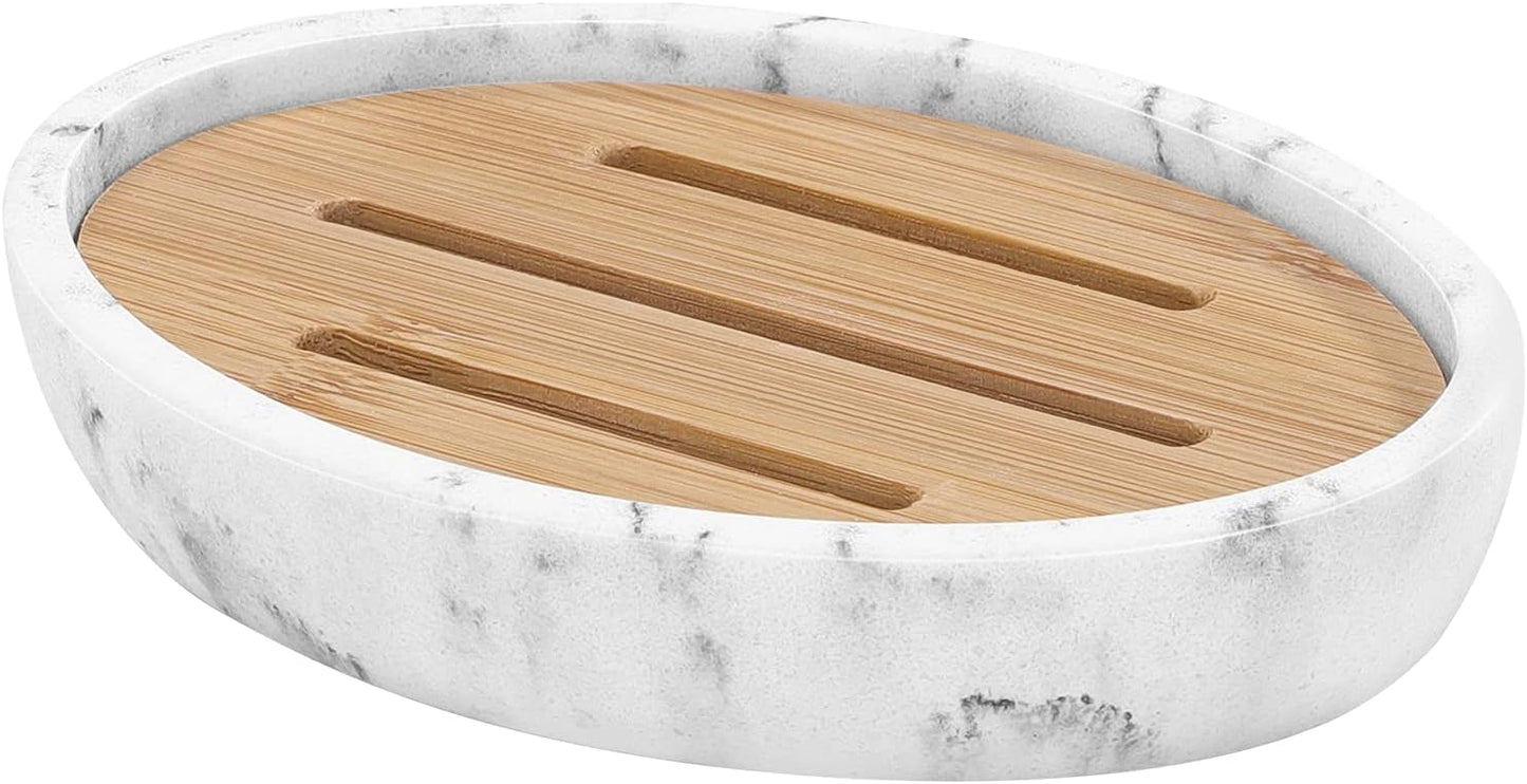 Luxspire Bamboo Soap Dish, Resin Soap Holder with Drainage, Oval Wooden Soap Dish for Shower, Bathroom, Sink, Kitchen and Countertop, Gravel White
