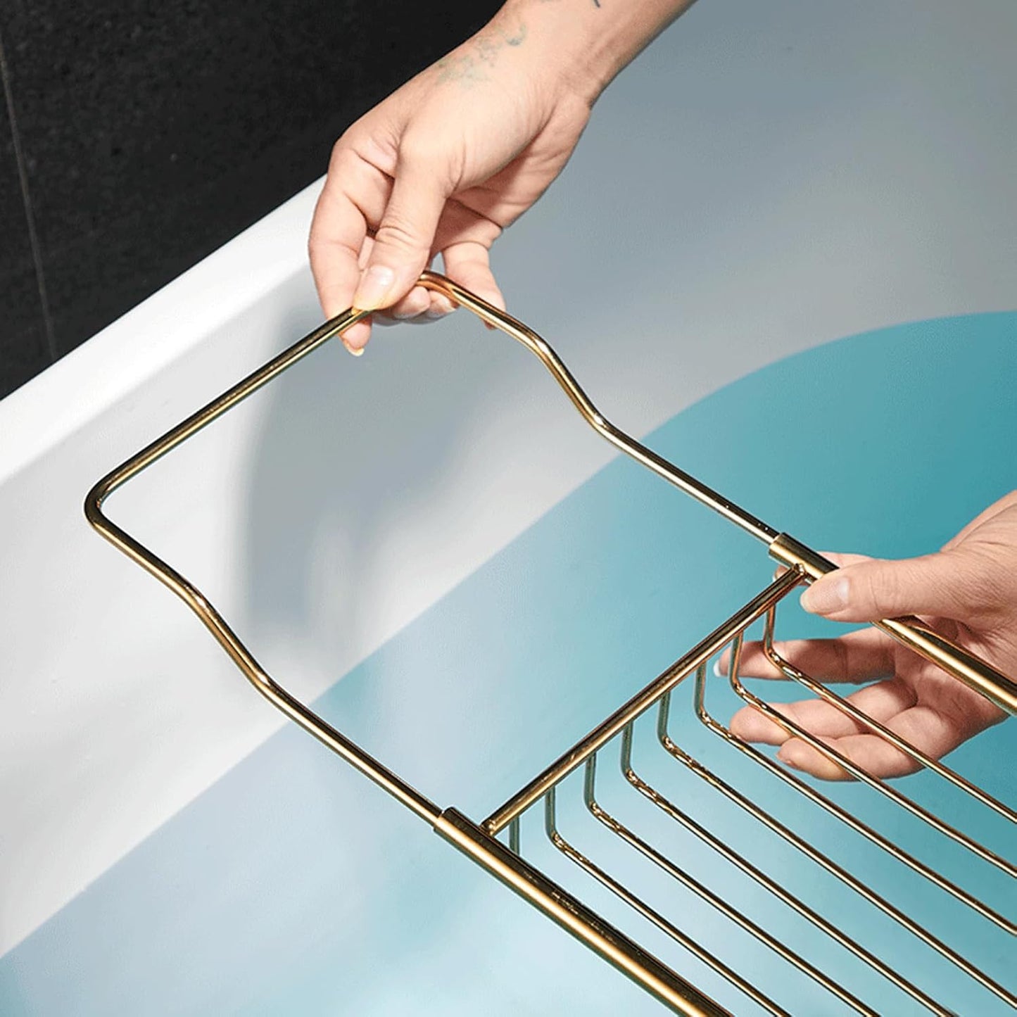 Stainless Steel Bathtub Caddy Tray, Expandable Bathtub Holder Table, Adjustable Bathroom Tray, Bath Organizer Tub Shelf,Gold,26.8~35.4in