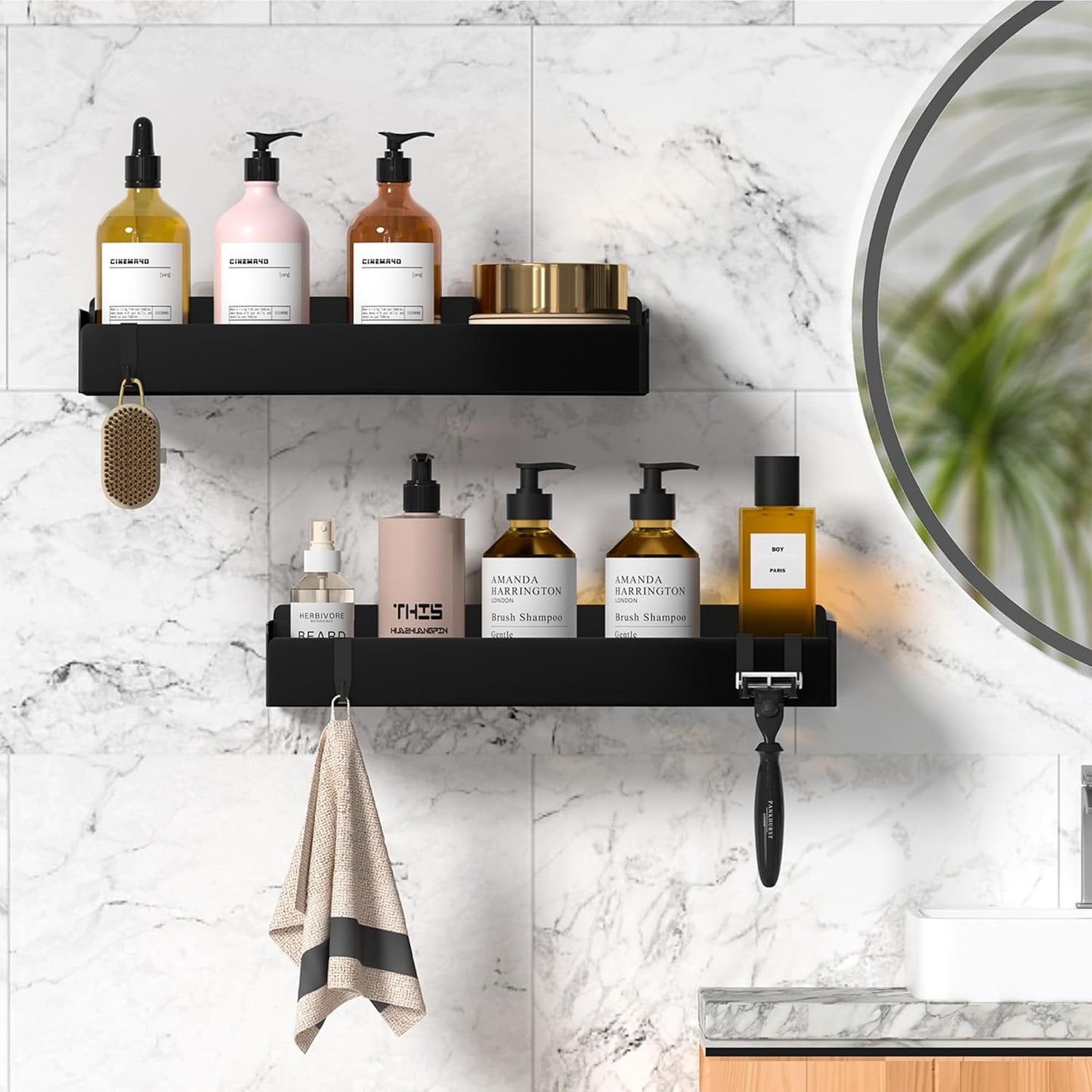 Shower Caddy Adhesive, 2 Pack Large Capacity Rustproof Shower Shelves, No Drill Bathroom Shelf with 8 Hooks, Stainless Steel Shower Organizer Rack, Black