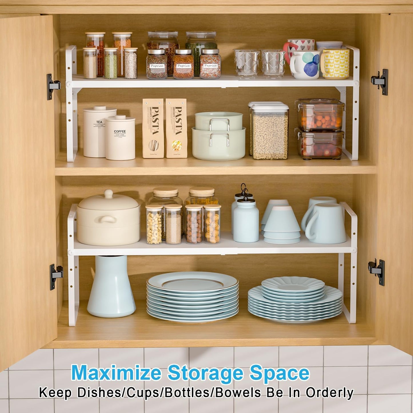 15.5 to 25.5 Inch Kitchen Cabinet Shelf Organizers, Adjustable Kitchen Counter Shelf Organizer, Set of 4 Expandable Countertop Storage Shelves, Stackable Design, 30LBS Heavy Duty, Space Saver