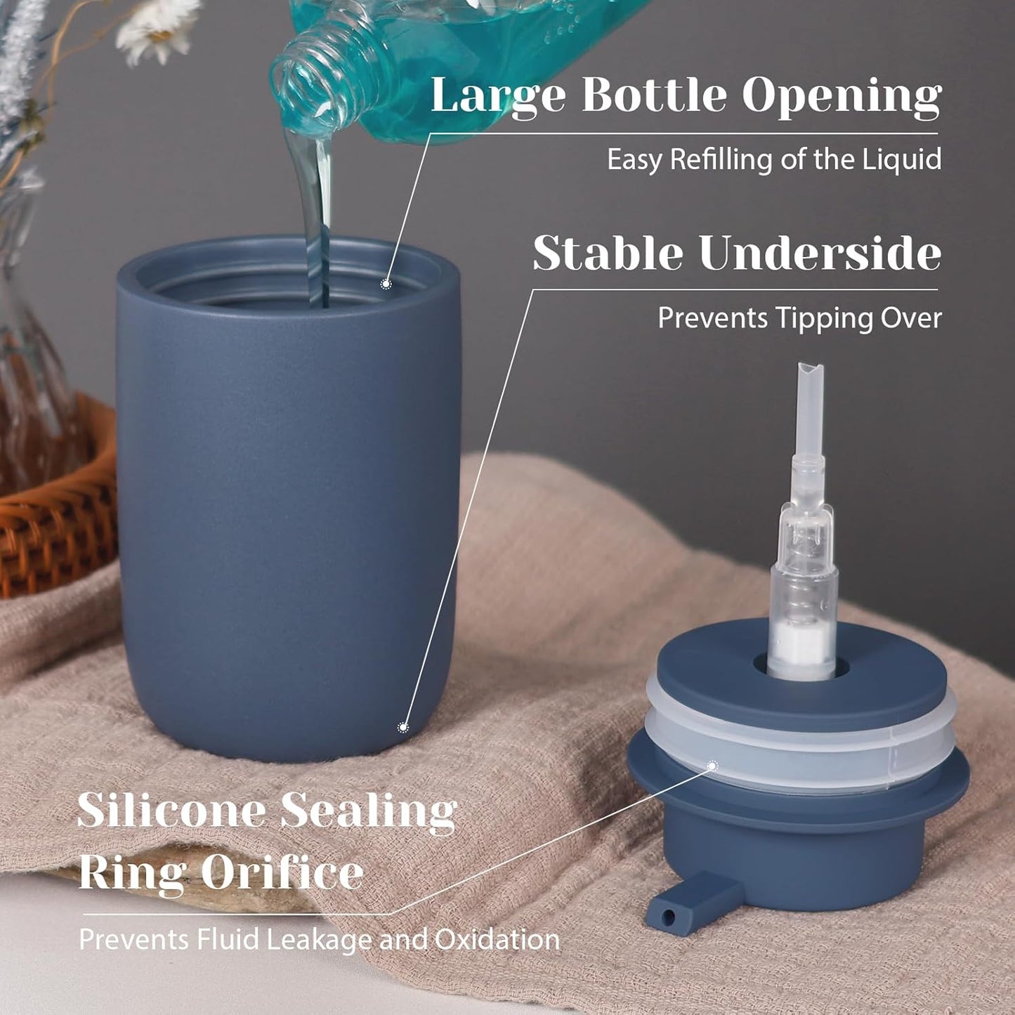 INGOFIN Ceramic Soap Dispenser Set, 2 Pack (12 oz) Bathroom Hand Soap Dispenser with Pump, Liquid Hand and Dish Dispenser Set with 8 Pcs Clear Stickers, for Kitchen -Matte Blue