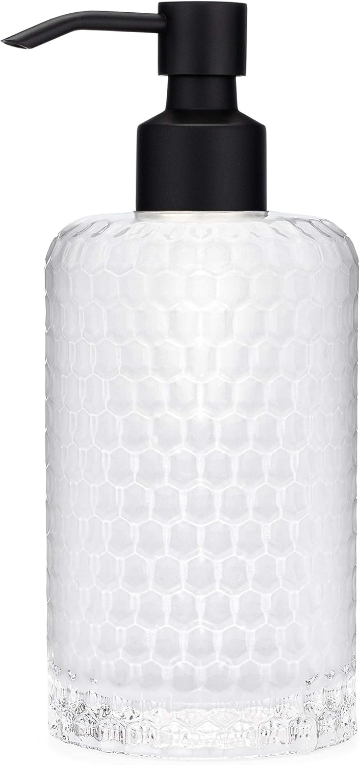 Rail19 Frosted Milk + Honey Glass Soap Dispenser | Vintage-Inspired Modern Refillable Soap & Lotion Pump Bottle for Bathroom Vanity Countertop and Kitchen, 12oz (Cali Black)