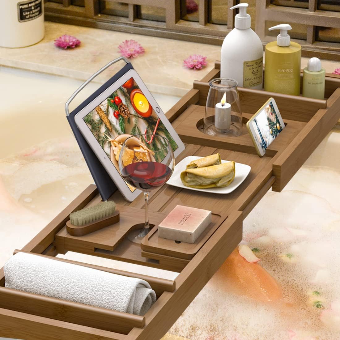 Bath Caddy Tray for Bathtub - Bamboo Adjustable Organizer Tray for Bathroom with Free Soap Dish Suitable for Luxury Spa or Reading(Walnut)