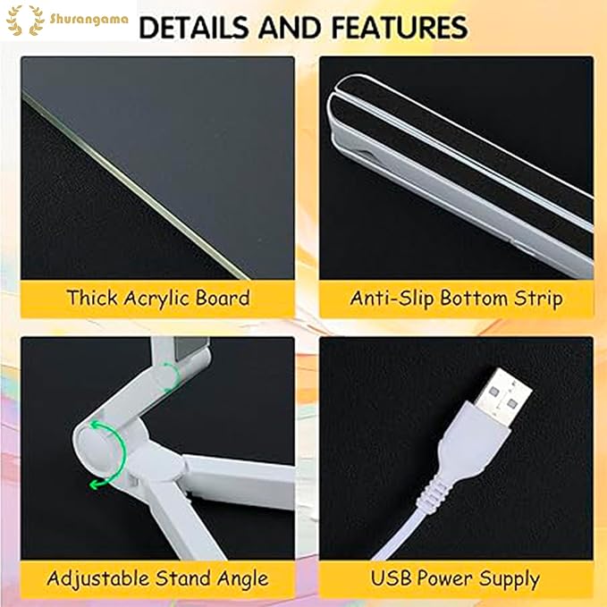 LED Note Board with Colors 12-Color Illuminated Acrylic Drawing Board - Dry-Erase Night Light with Stand for Home/Office/Gift/Festival (7.9" W x 7.9" H)