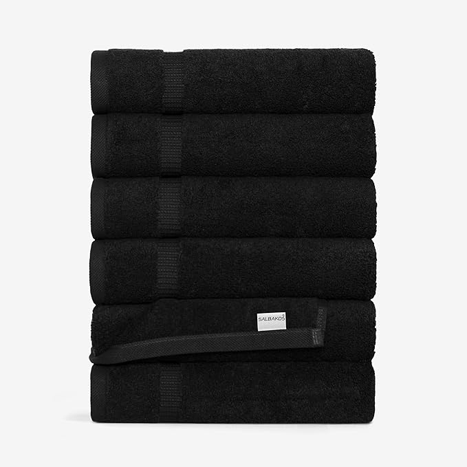 SALBAKOS 100% Turkish Cotton Hand Towel Set of 6 16x30 inch | Heirloom Quality | Hotel & Spa Collection | Ultra Soft, Super Absorbent, Long Lasting Hand Towels | Made in Turkey (Black, 6 Hand Towels)