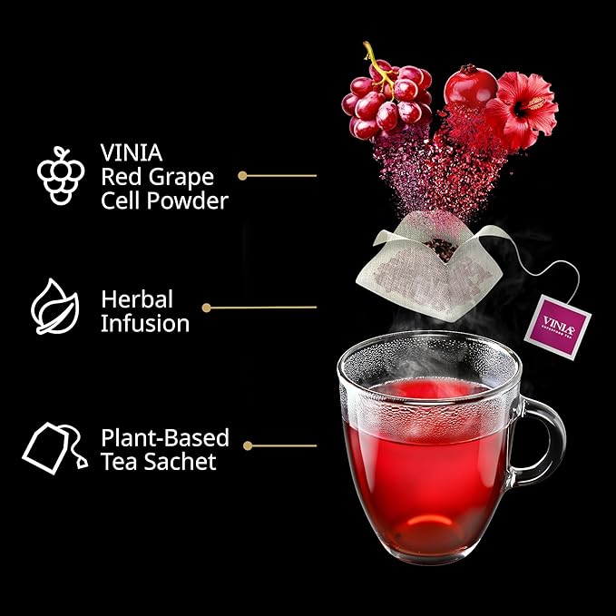 VINIA Cranberry Hibiscus Herbal Tea Bags, Made with Organic Herbal Tea, Infused with Piceid Resveratrol for Heart Health, Nitric Oxide, Physical Energy, Alertness, Blood Flow, Keto, Kosher, NON-GMO. 30 Ct