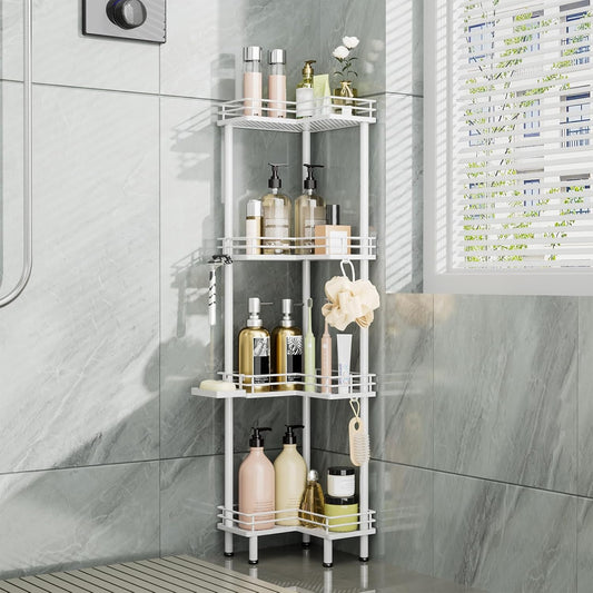 Consumest Corner Shower Caddy Standing - 4-Tier Stainless Steel Shower Organizer with Soap Holder and 4 Hooks, Large Capacity Corner Shelf Stand for Bathroom, Rest Room, White
