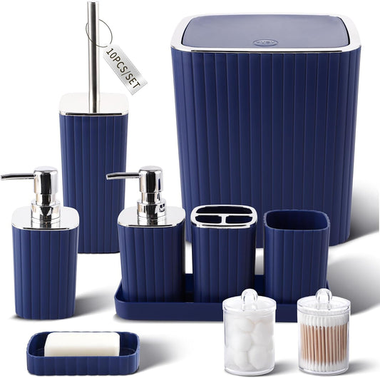 Navy Blue Bathroom Accessories Set - Gorgeous Bathroom Set, 10PC Bathroom Accessory Set, Toilet Brush, Trash Can, Qtip Holder Dispenser & Soap Dispenser