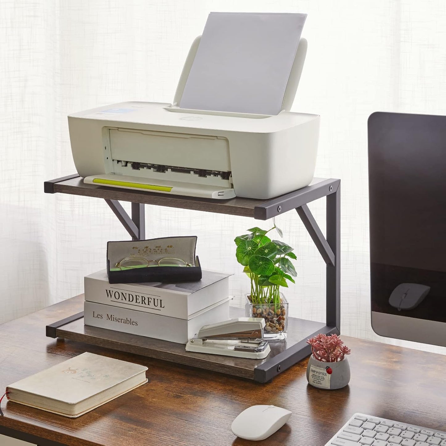 IBUYKE 2-Tier Desktop Printer Stand Holder, Multi-Purpose Desk Organizer Storage Shelf, Book Shelf Printer Shelf for Fax Machine, Scanner, Files, Books, Dark Grey UTLJ004G