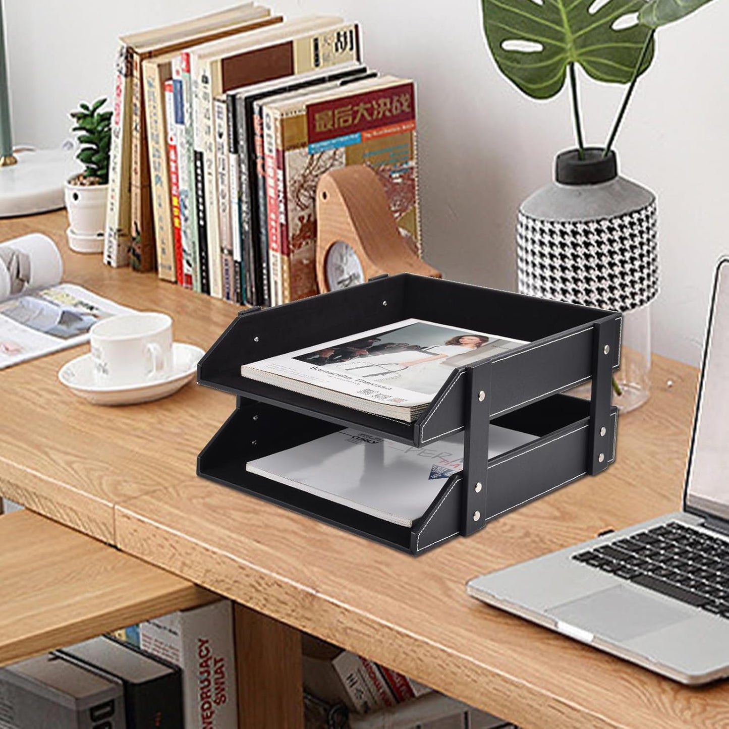 Leather Desk Organizer,2-Tier Stackable Letter Tray Holder,Office Supplies Desktop Storage Box for Document,Stationery,Magazines,Newspapers,Letters and Other Home Office Paper Sundries,Black