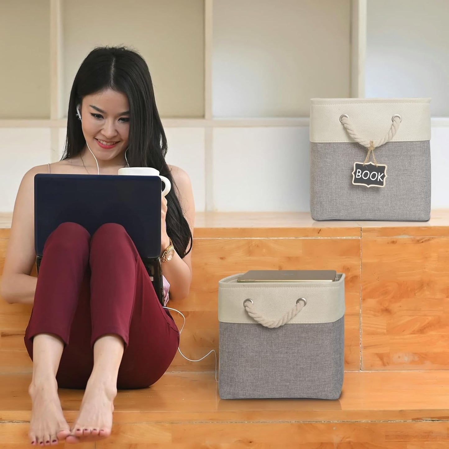 11inch cube storage bin[6 Pack],Fabric Storage Cubes with Rope Handles, Eco-Friendly Linen Collapsible Organizers for Closet, Nursery, Toys, Office, Bathroom – Dual Color Design.(White&Grey)