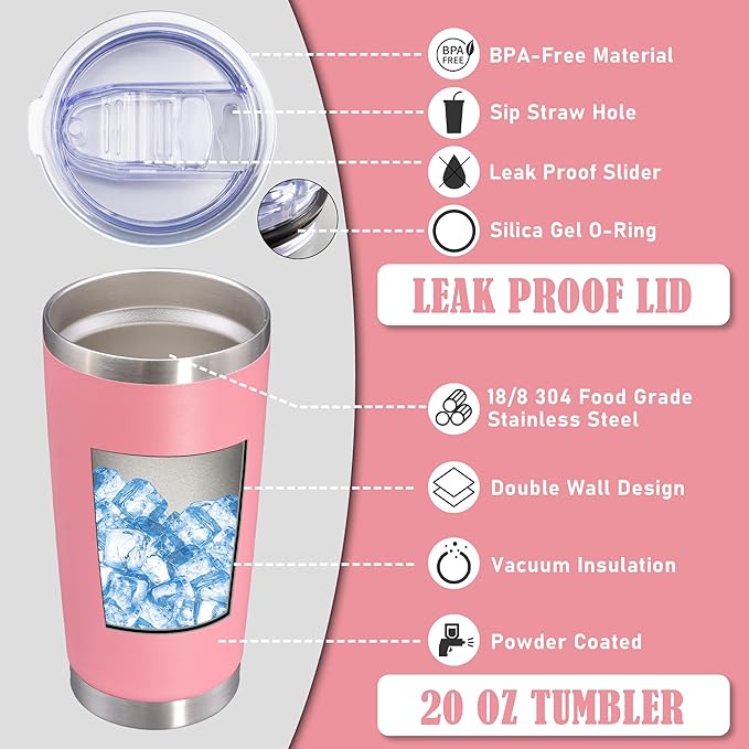 20 oz Tumbler Coffee Travel Tumblers Bulk with Lid Stainless Steel Double Wall Vacuum Insulated Mug Powder Coated Cups fit Car Cupholder for Hot and Cold - Pink, 4Pack