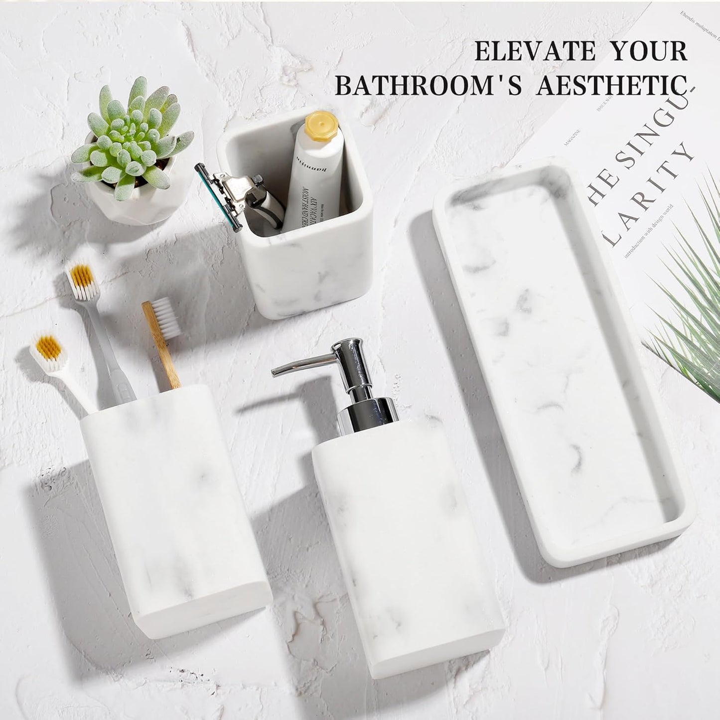 Bathroom Accessories Set, 4 Pcs Bathroom Accessory Set, Soap Dispenser, Toothbrush Holder, Qtip Holder Set, Bathroom Sets Complete, Bathroom Sink Set for Modern Home Decor, White