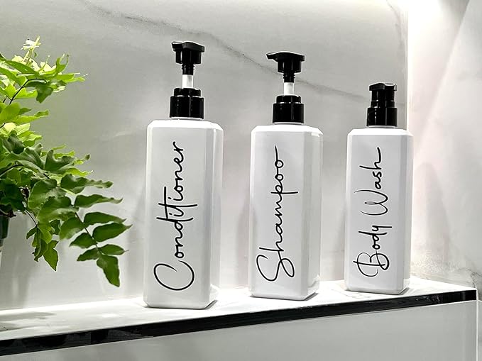 Luxury Spa-Inspired Shampoo and Conditioner Dispenser Set – 3 Refillable Pump Bottles for Shower Wall – Printed Shampoo, Conditioner & Body Wash