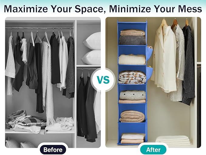 YOUDENOVA Hanging Closet Organizer, 6-Shelf Closet Hanging Storage Shelves, Blue