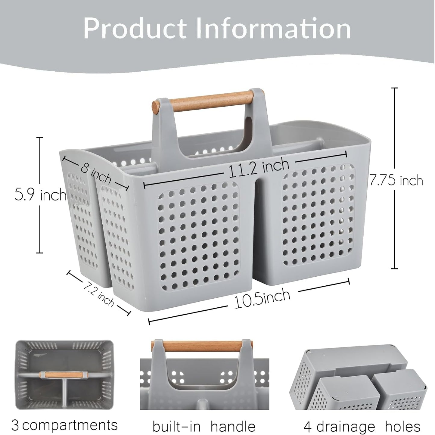 Portable Shower Caddy Basket with Compartments, Plastic Divided Cleaning Caddy Organizer Storage Tote with Handle for Bathroom, College, Dorm Room Essentials, Light Gray