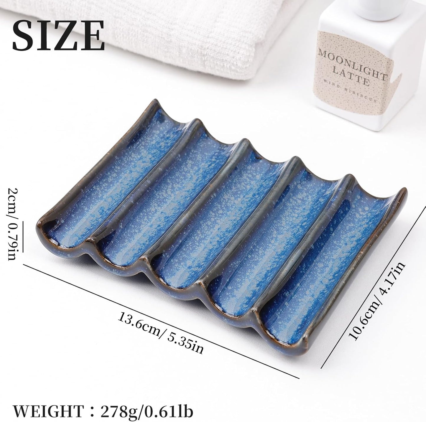 Ceramic Soap Dish, Bar Soap Holder with Self Draining Design, Large Soap Tray for Shower, Sink, Countertop, Bathroom & Kitchen, ANTIS'S HOME (Blue)