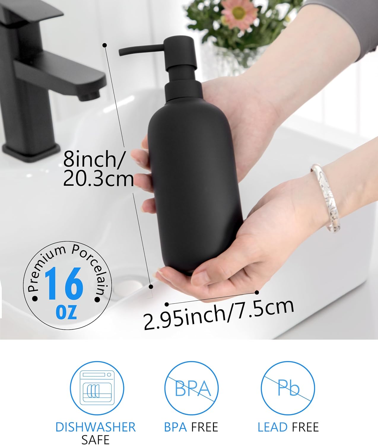 Ceramic Soap Dispenser - Elegant Hand Soap Pump with 4 Labels (Soap, Dishes, Lotion, Hands) - Durable & Stylish Ceramic Design for Kitchen & Bathroom, Refillable Liquid Soap dispenser (Black)