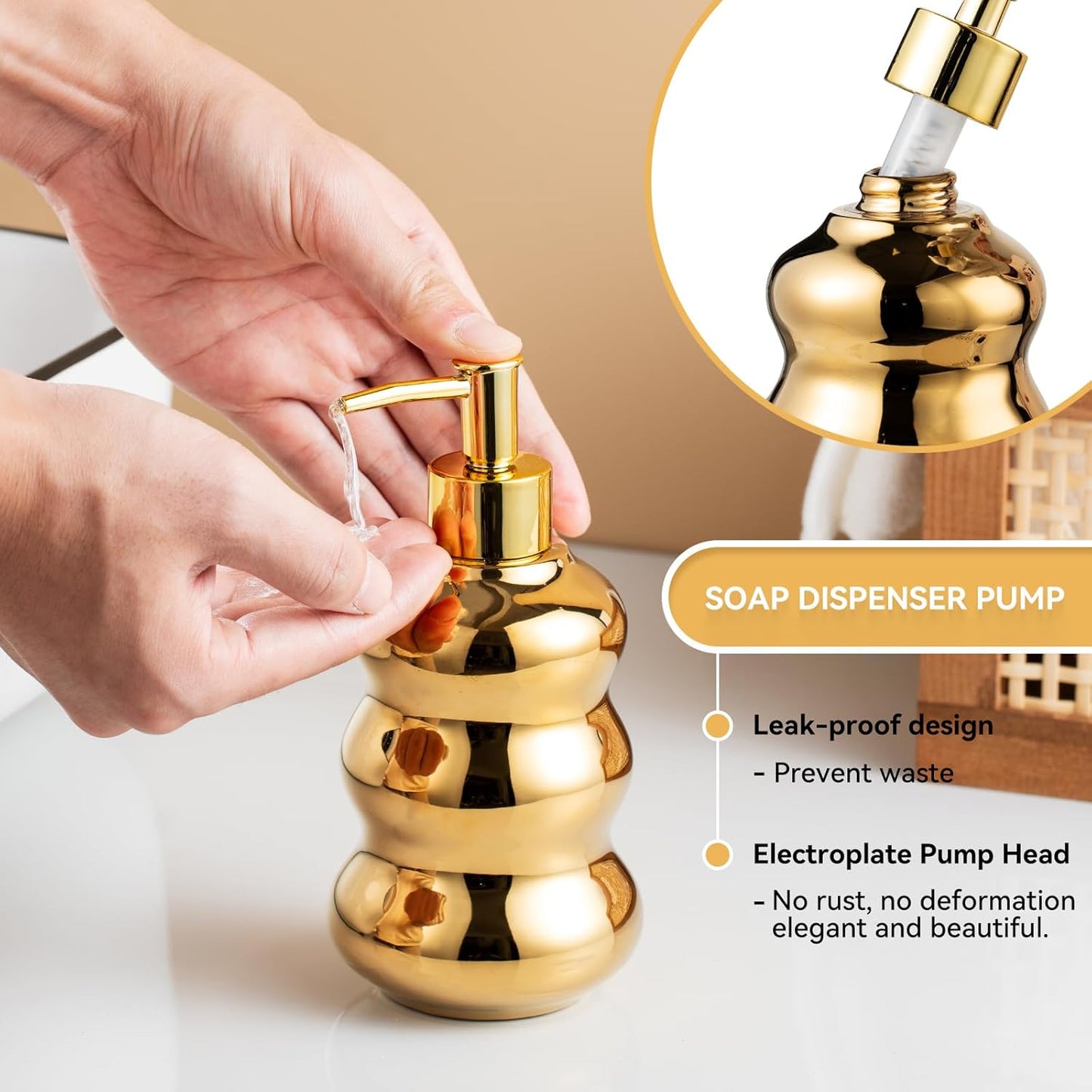 Gold Bathroom Accessory Set, 3-Piece Gold Ceramic Bath Accessories Set with Tray, Lotion Dispenser, and Tumbler for Luxurious Bathroom Decor