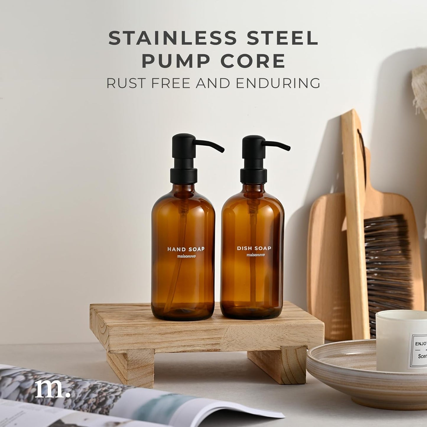 MaisoNovo Soap Dispenser 2-Piece Set | 16.9oz Amber Bottles with Black Stainless Steel Pumps