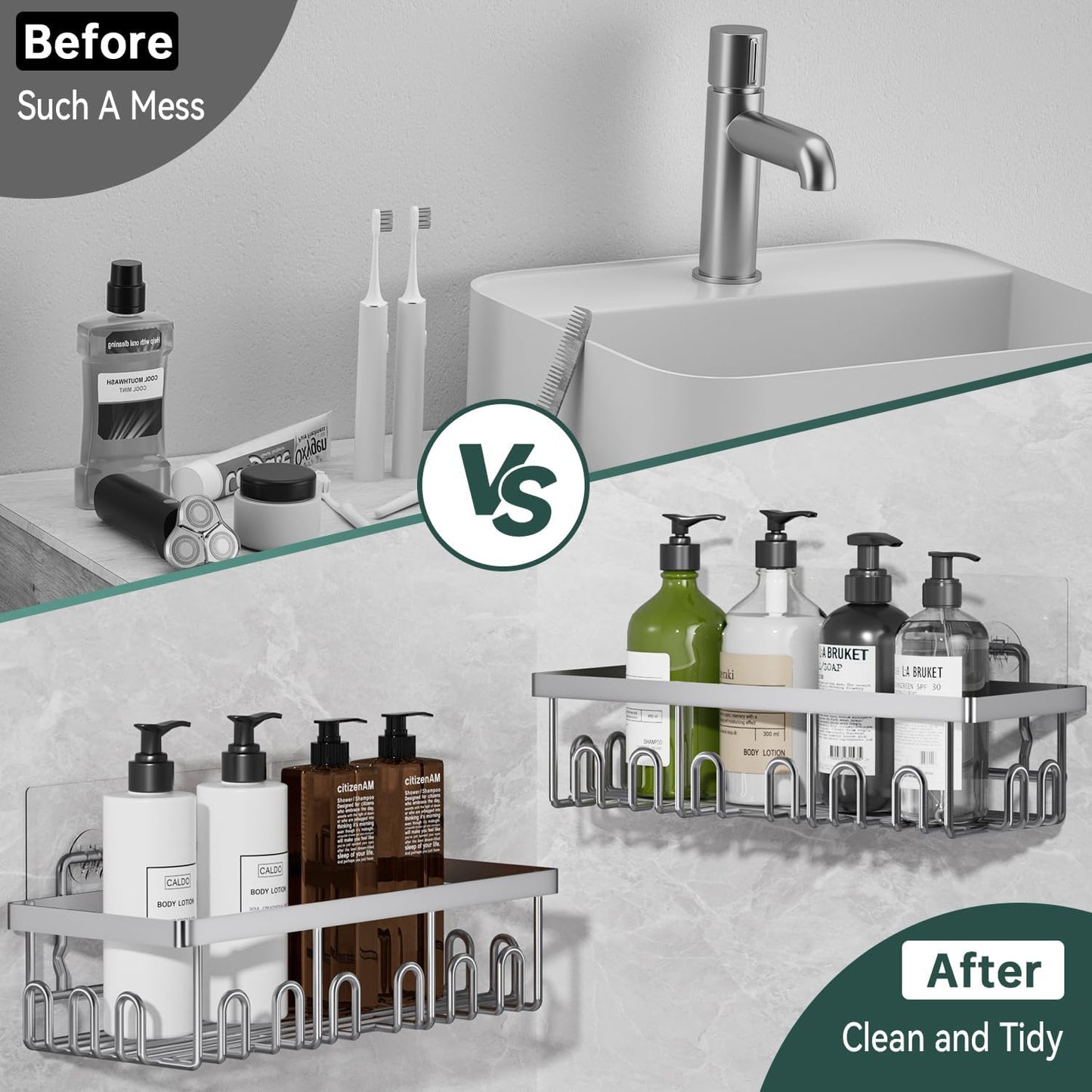 Shower Caddy Organizer Rack Shelf with Soap and Toothbrush Holder,Stainless Steel Organizer for Bathroom Organizers and Storage,No Drilling Wall Mounted Rack Bathroom Caddy Silver,5-Pack