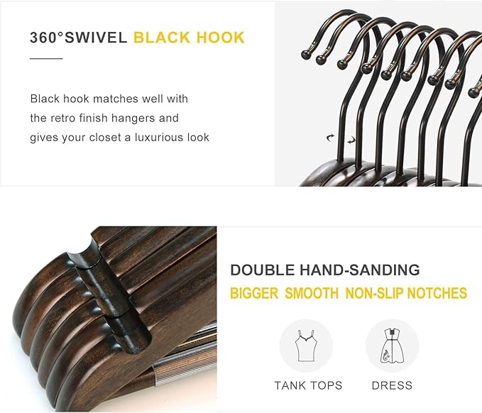 TOPIA HANGER Heavy Duty Wood Coat Hangers in Smooth Retro Finish, Boutique Quality Wooden Suit Hangers-Non-Slip Rubber Pants Bar and Smoothly Cut Notches-360° Rotating Black Hook-30 Pack, CT04A30