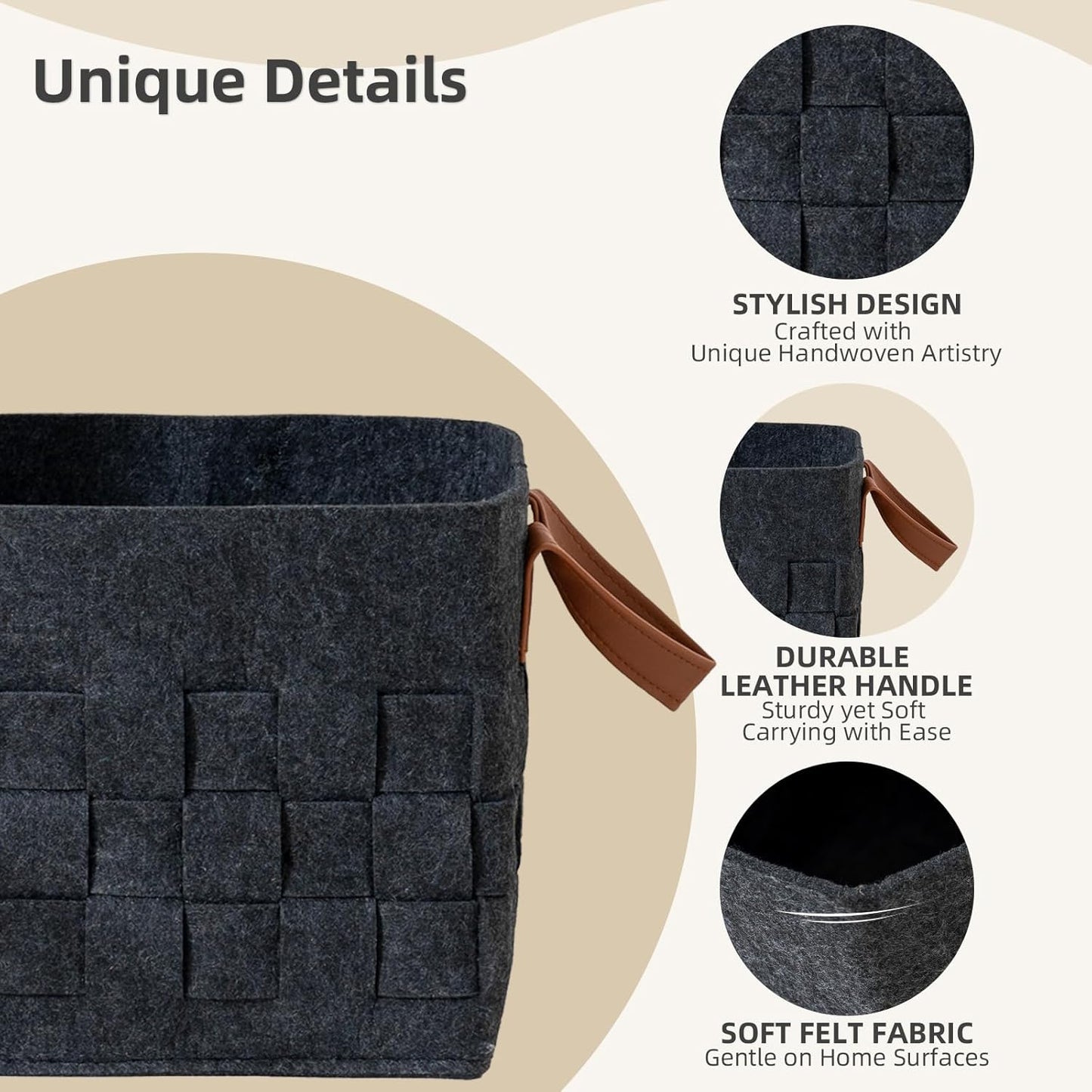 Bold monkey Storage Basket 3 Pack, Medium 10" x10" x10 " Baskets for Shelves with Leather Handle, Cube Felt Fabric Storage Box for Bedroom, Nursery, Living Room - Dark grey