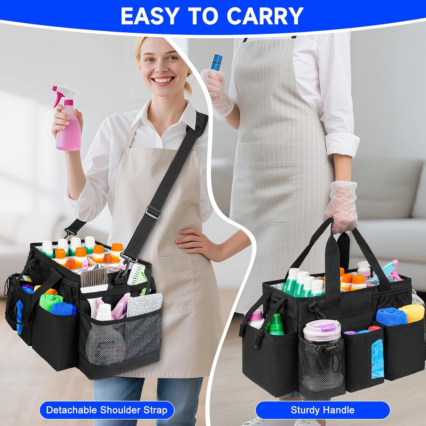 Cleaning Caddy Bag, Cleaning Supplies Organizer for Housekeepers, Housekeeping Caddy with Handle and Detachable Padded Cushion, Black