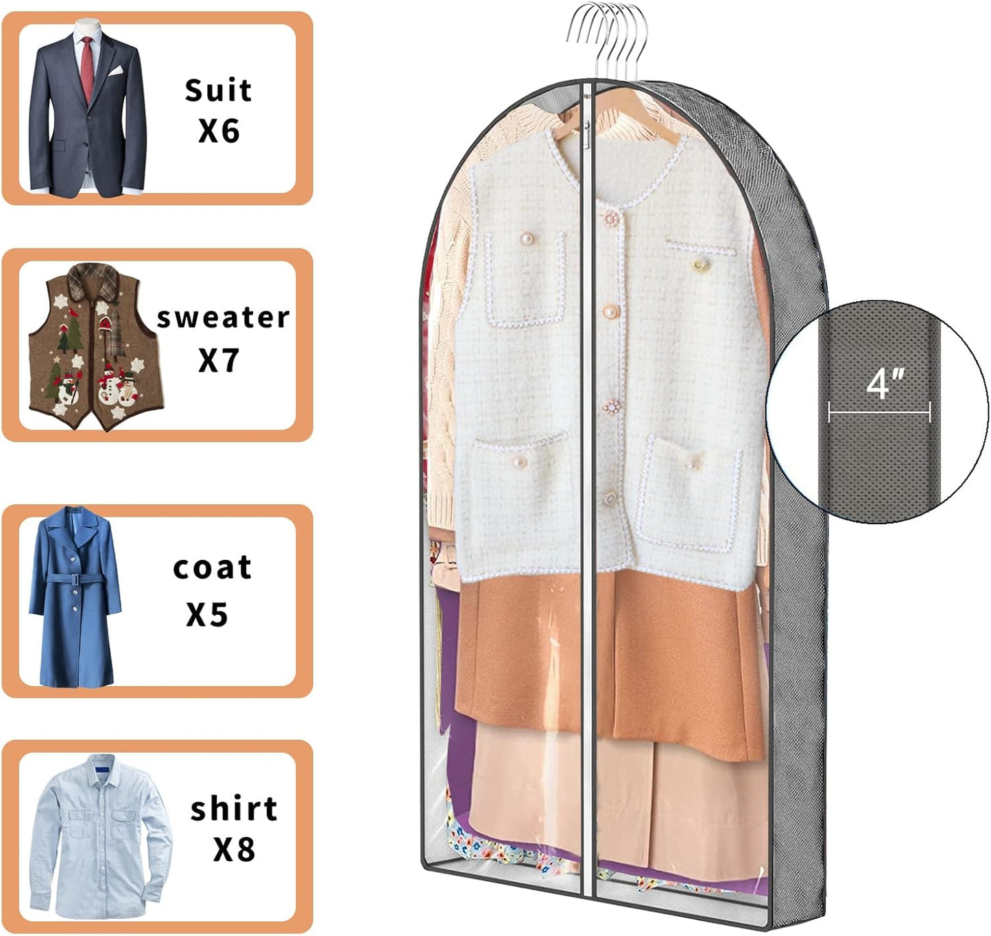 3 Pcs Garment Bags, 40" & 50" PEVA Moth-Proof Breathable Dust Cover, Hanging Clothes Covers with Bedroom, Suits, Padded Clothes, Shirts Prevent Dust