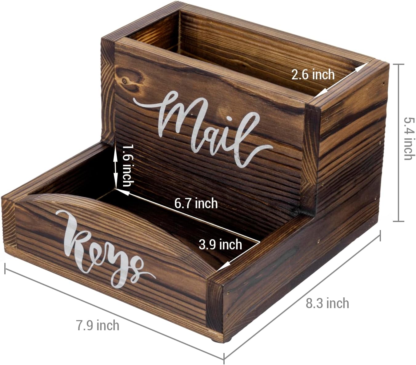 MyGift Rustic Burnt Solid Wood Mail Holder and Key Organizer, Entryway Storage Tray or Office Desktop Organizing Bin with White Cursive Lettering Labels