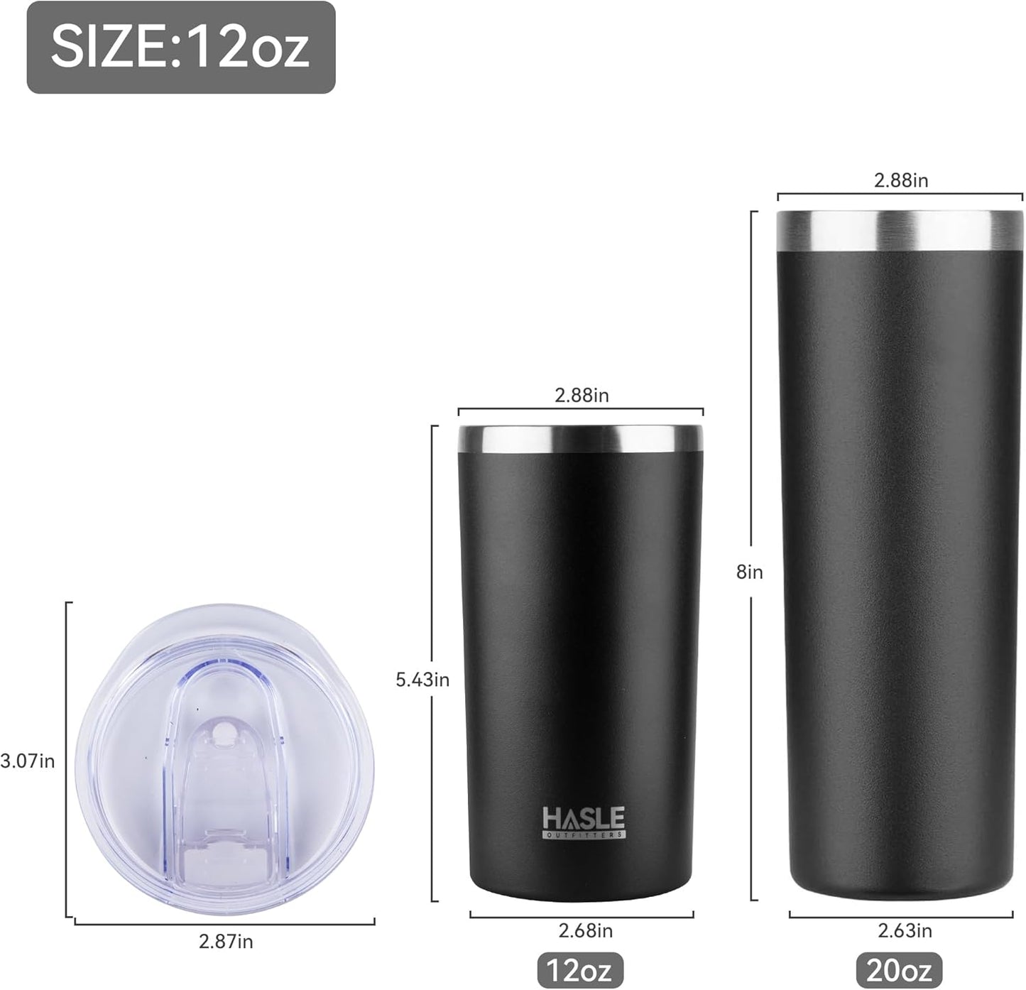 HASLE OUTFITTERS 12 oz Skinny Tumbler, Stainless Steel Insulated Slim Tumbler with Lid, Reusable Double Wall Travel Coffee Mug, Durable Powder Coated Travel Water Cup(Black, 1)