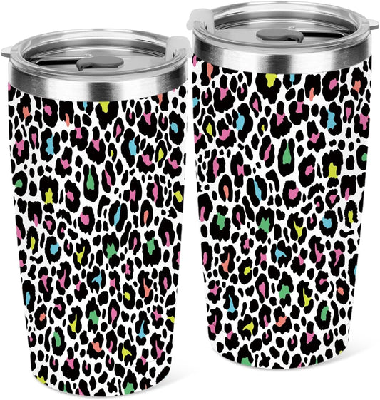 20 oz Insulated Tumbler，Tumbler with Lid Straw, Leopard Decor Insulated Travel Coffee Mug Stainless Steel Cup for Cold Hot Drink Gift for Women Friend Christmas Birthday Friendship ((Neon Leopard))