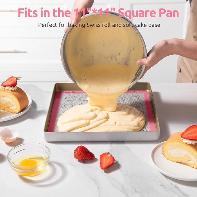 446ºF Heat Resistant Macaron Mat: U-Taste 11x11in Non Stick Silicone Baking Mat, Reusable Cookies Pastry Sheet Liner with Edge Enhancement & Circle Measurement for Square Cake Pan (2 PCS, Pink)