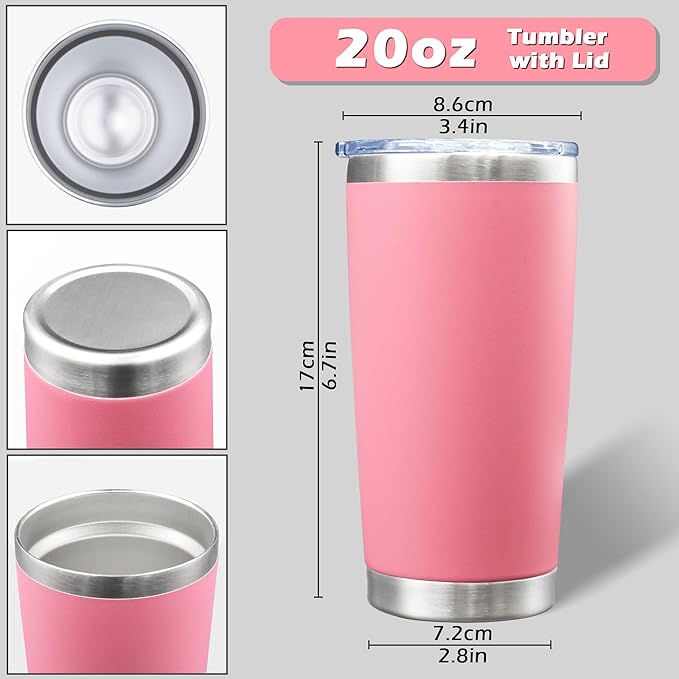 20oz Tumbler Bulk Stainless Steel Tumblers with Lid Vacuum Insulated Double Wall Travel Coffee Mug Powder Coated Tumbler Cup for Hot and Cold Drinks(Pink, 12 pack)