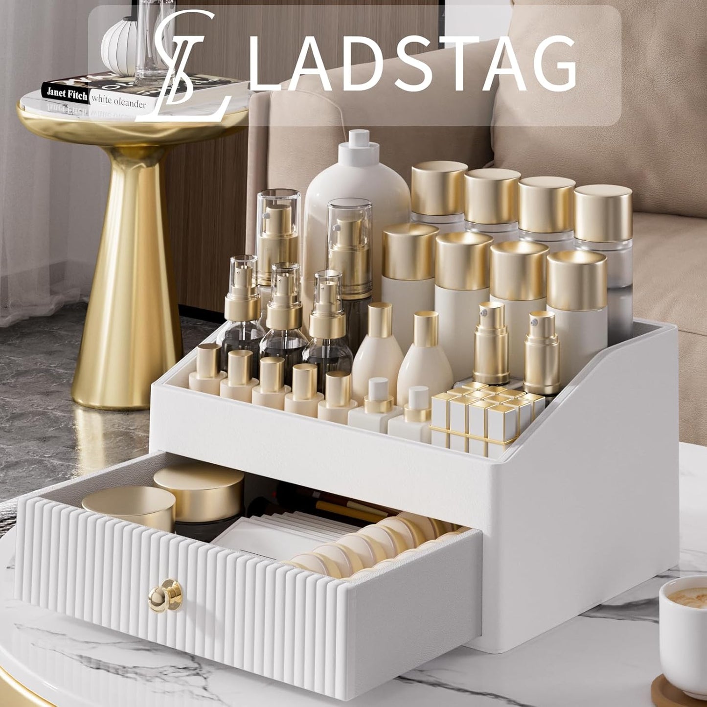 Makeup Organizer,Leather Skin Organizer with 1 Drawer&Tray,Luxury Beige White Makeup Storage for Perfume,Bedroom,Bathroom,Gifts for Women,Womens Gifts (White, 1-Drawer)